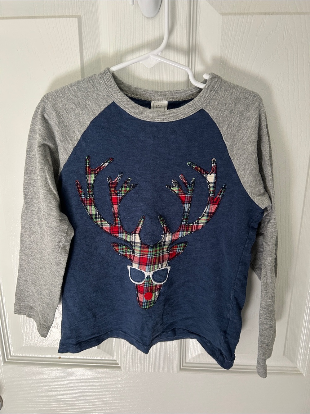 Kids GAP Long Sleeve Raglan Top with Plaid Reindeer - Navy & Gray